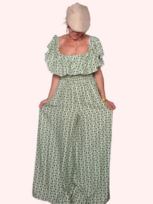 Tuta Jumpsuit Maxi Off-Shoulder con Volant Block Print