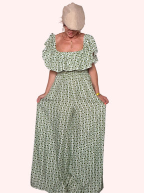 Tuta Jumpsuit Maxi Off-Shoulder con Volant Block Print