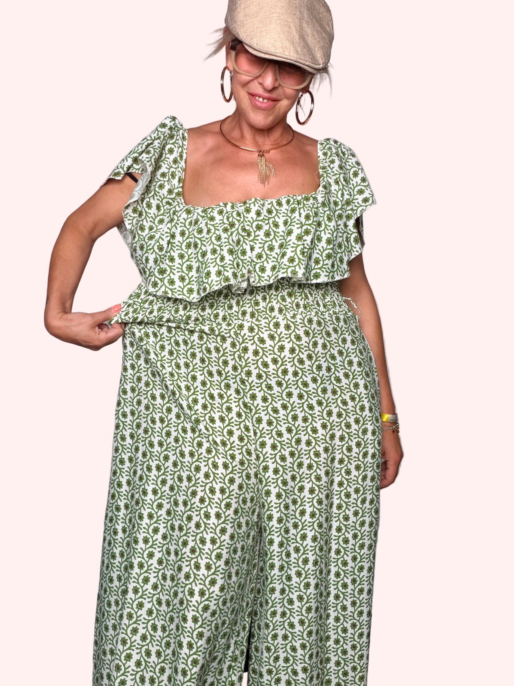 Tuta Jumpsuit Maxi Off-Shoulder con Volant Block Print