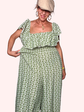 Tuta Jumpsuit Maxi Off-Shoulder con Volant Block Print