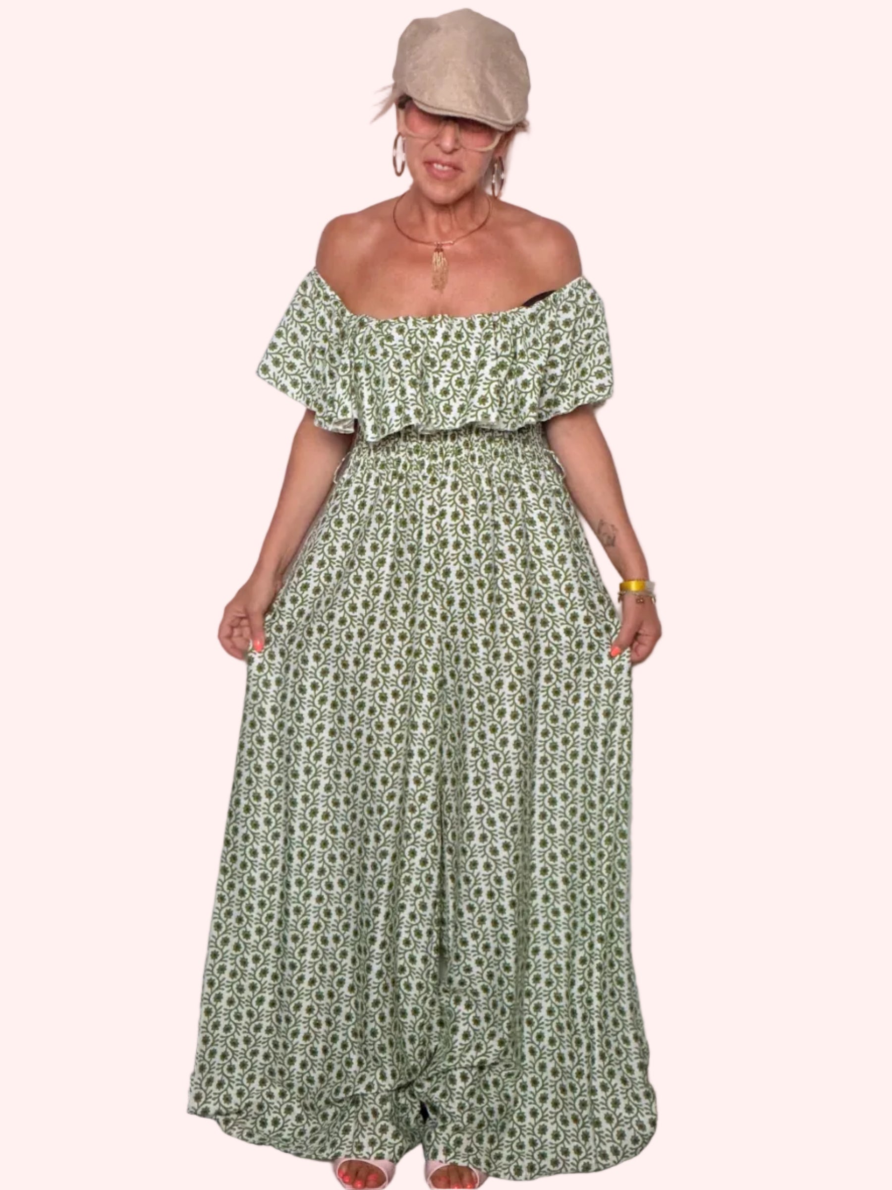 Tuta Jumpsuit Maxi Off-Shoulder con Volant Block Print