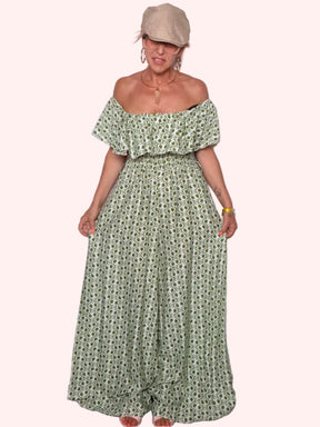 Tuta Jumpsuit Maxi Off-Shoulder con Volant Block Print
