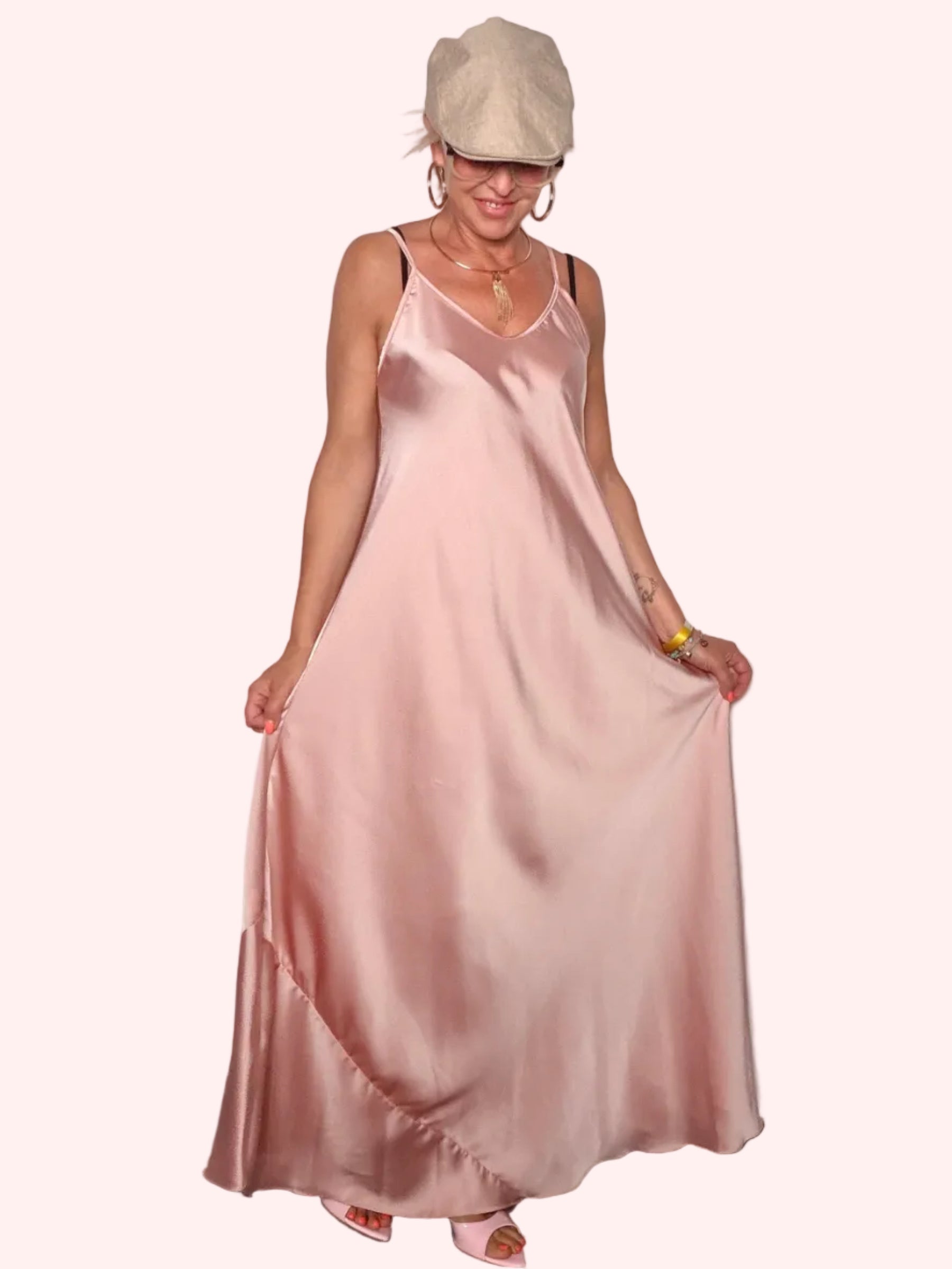 Slip Dress Maxi in Raso Rosa Antico con Scollo V