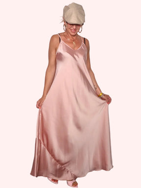 Slip Dress Maxi in Raso Rosa Antico con Scollo V