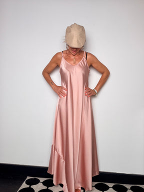 Slip Dress Maxi in Raso Rosa Antico con Scollo V