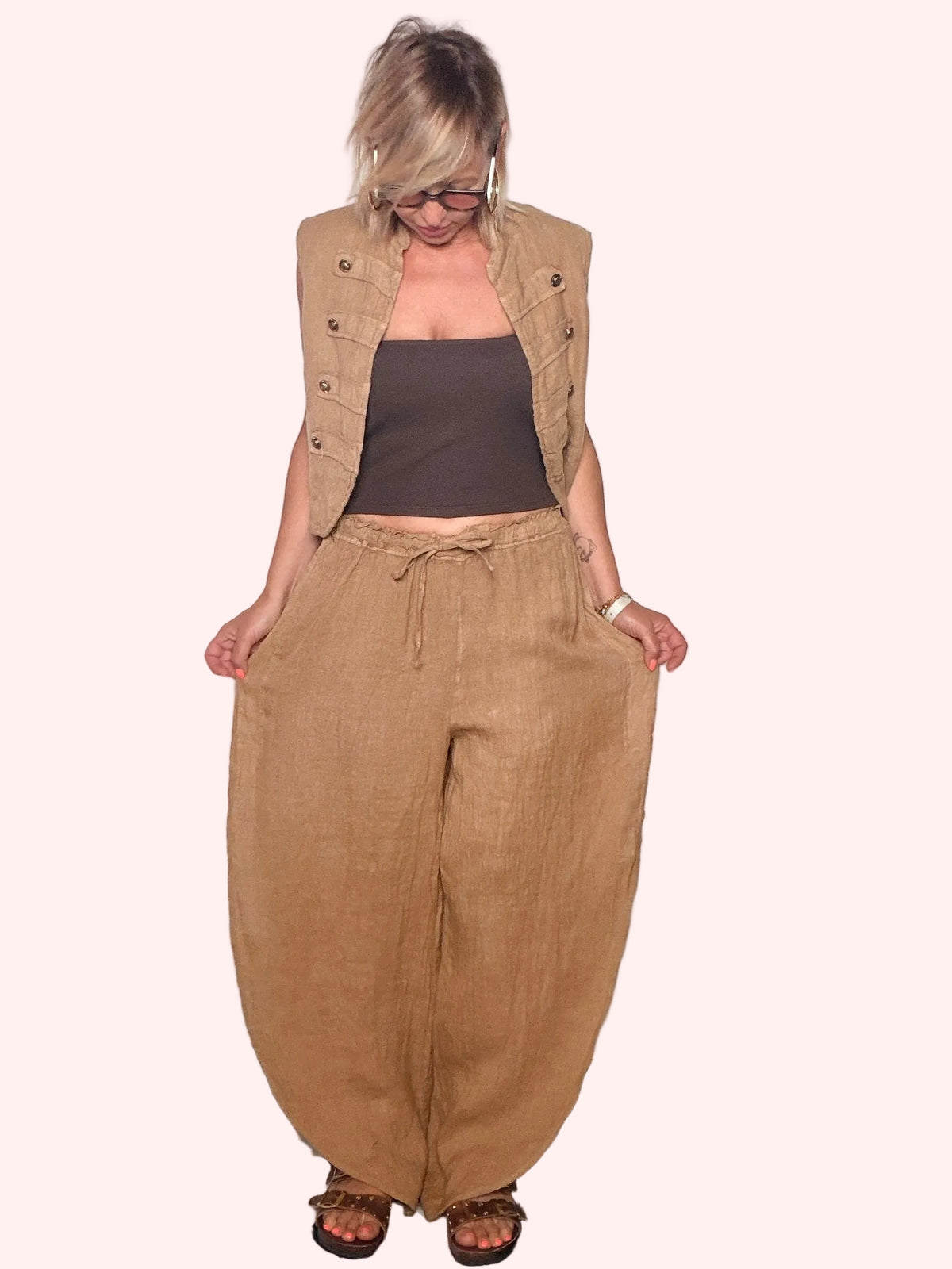 Pantalone Wide Leg in Lino con Vita Elastica e Coulisse