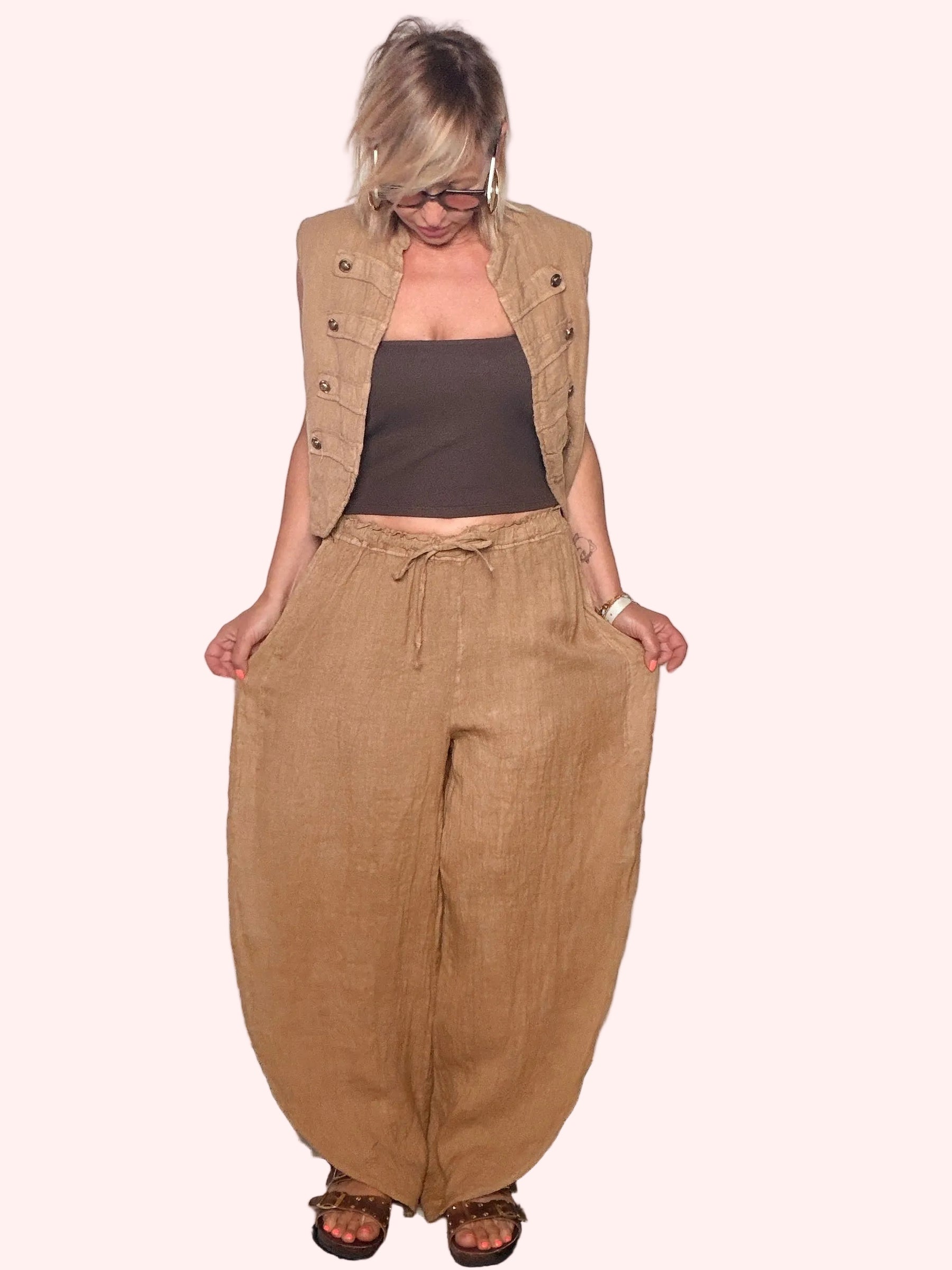 Pantalone Wide Leg in Lino con Vita Elastica e Coulisse