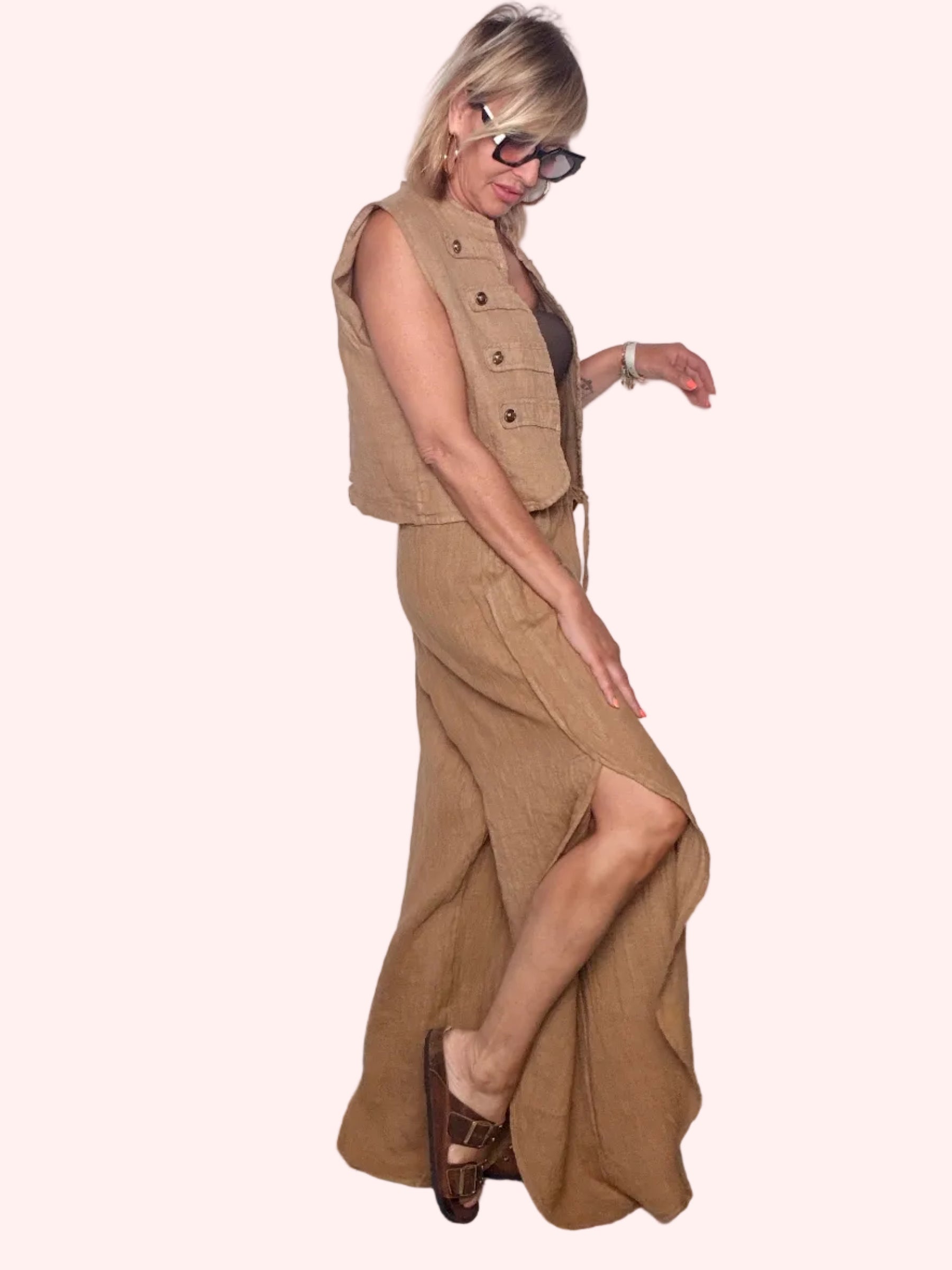 Pantalone Wide Leg in Lino con Vita Elastica e Coulisse