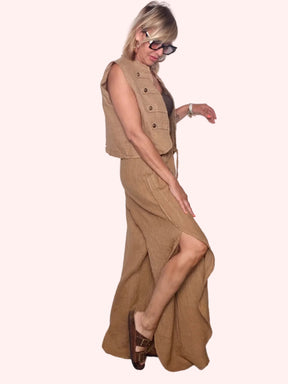 Pantalone Wide Leg in Lino con Vita Elastica e Coulisse