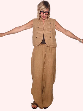Pantalone Wide Leg in Lino con Vita Elastica e Coulisse