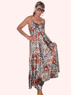 Abito Maxi Animalier e Fiori Tropicali con Vita Smock