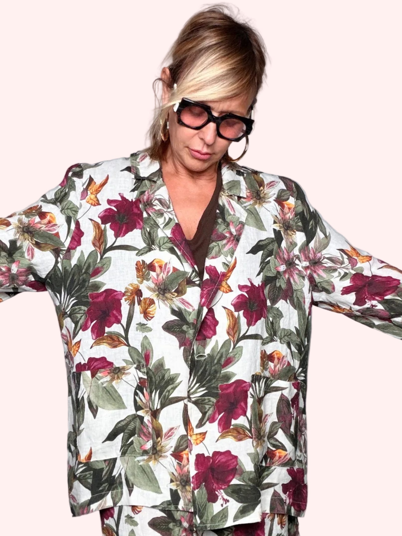Blazer Oversize a Stampa Botanica con Fiori Tropicali Bordeau