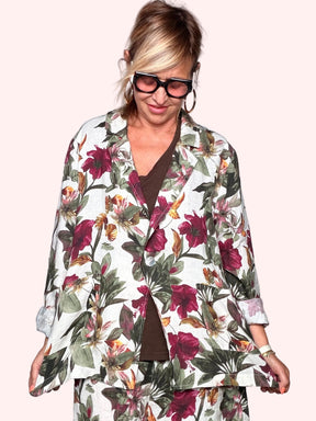 Blazer Oversize a Stampa Botanica con Fiori Tropicali Bordeau