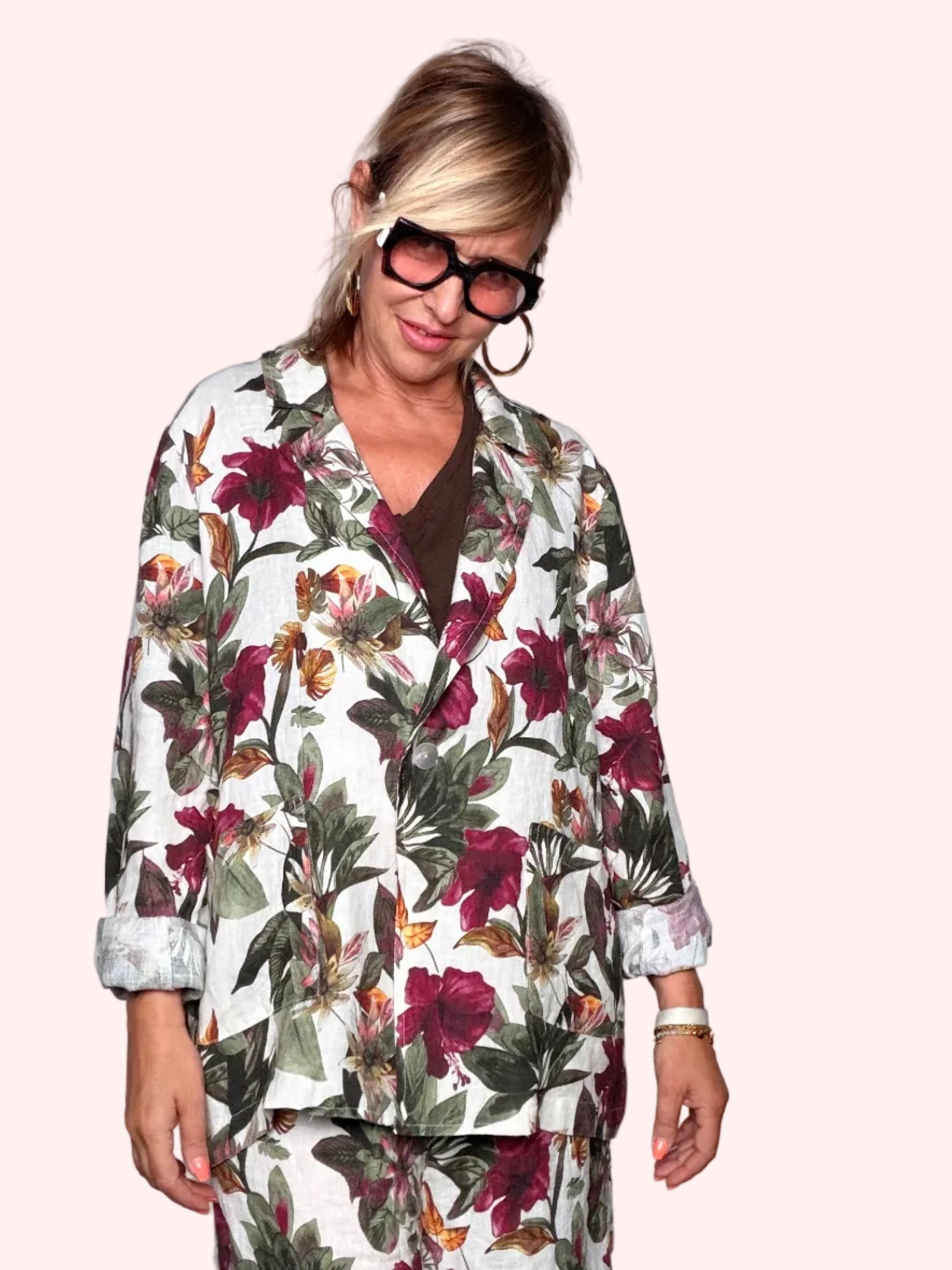 Blazer Oversize a Stampa Botanica con Fiori Tropicali Bordeau