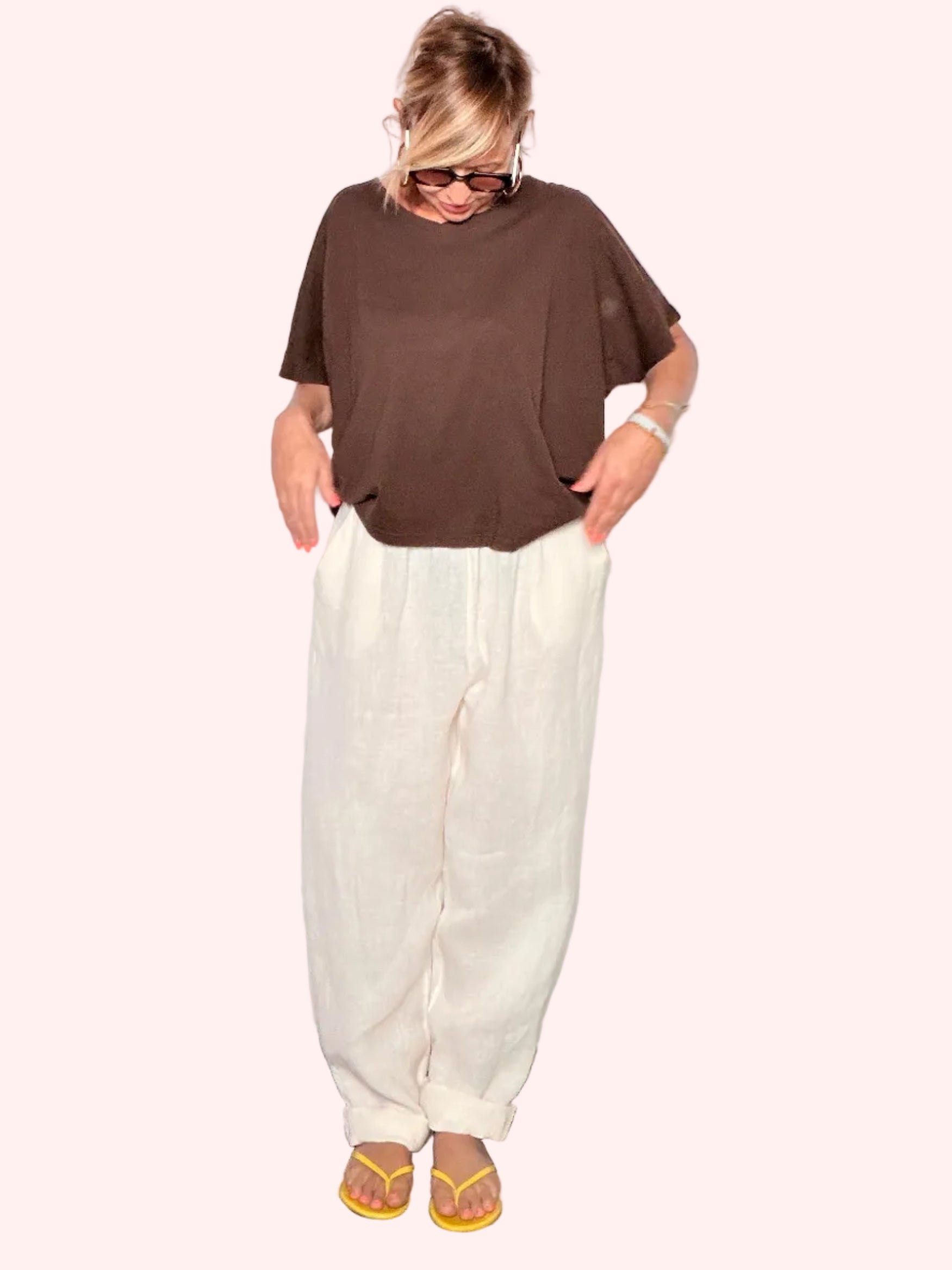 Pantalone Balloon in Lino con Vita Arricciata e Tasche Laterali