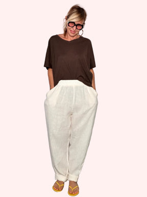 Pantalone Balloon in Lino con Vita Arricciata e Tasche Laterali