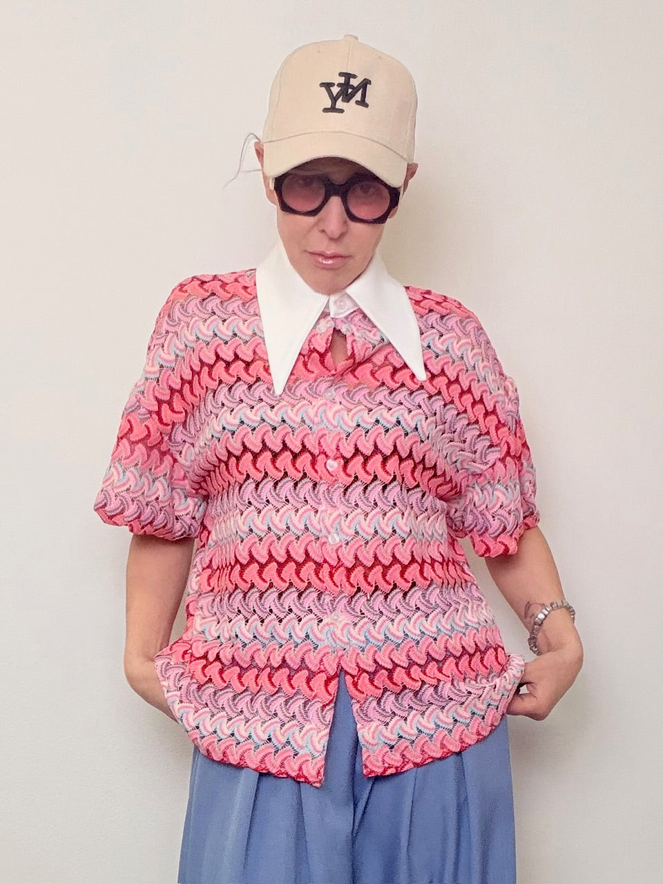 Polo Righe Colletto Bianco Oversize - Rosa e Azzurro