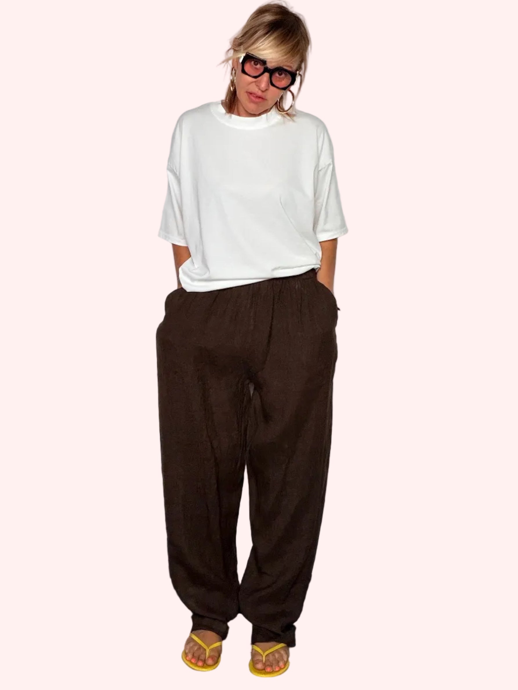 Pantalone Balloon in Lino con Vita Arricciata e Tasche Laterali