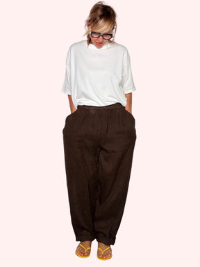 Pantalone Balloon in Lino con Vita Arricciata e Tasche Laterali