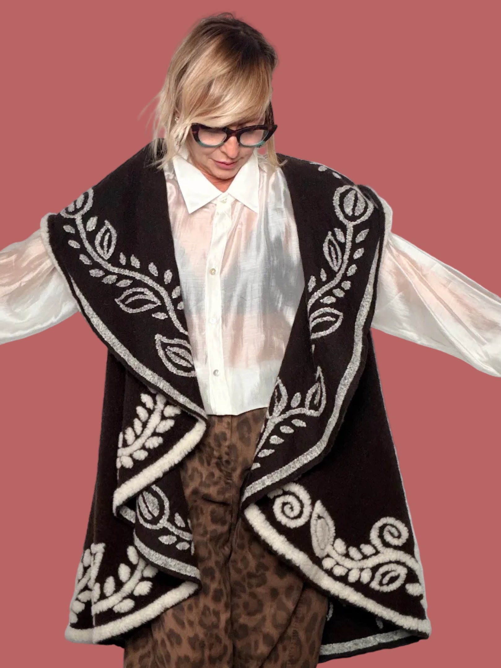 Gilet lungo in lana con collo avvolgente