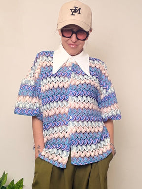 Polo Righe Colletto Bianco Oversize - Rosa e Azzurro