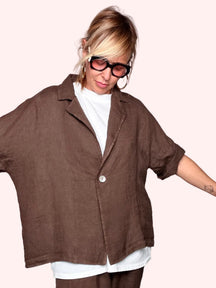 Blazer in Lino Oversize con Colletto a Revers e Maniche