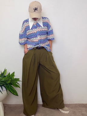 Pantaloni Palazzo Vita Alta Pieghe - Azzurro e Verde Militare