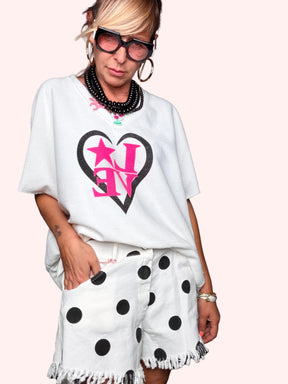 Shorts in Cotone Elasticizzato con Pois e Orlo a Frange