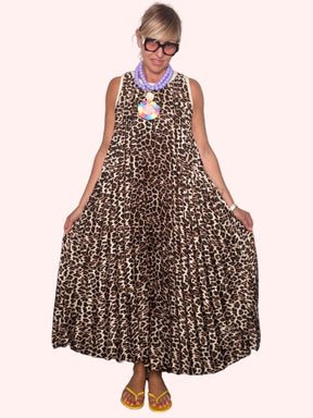 Abito Maxi Leopardato a Ruota con Scollo Tondo e Bordino Bianco