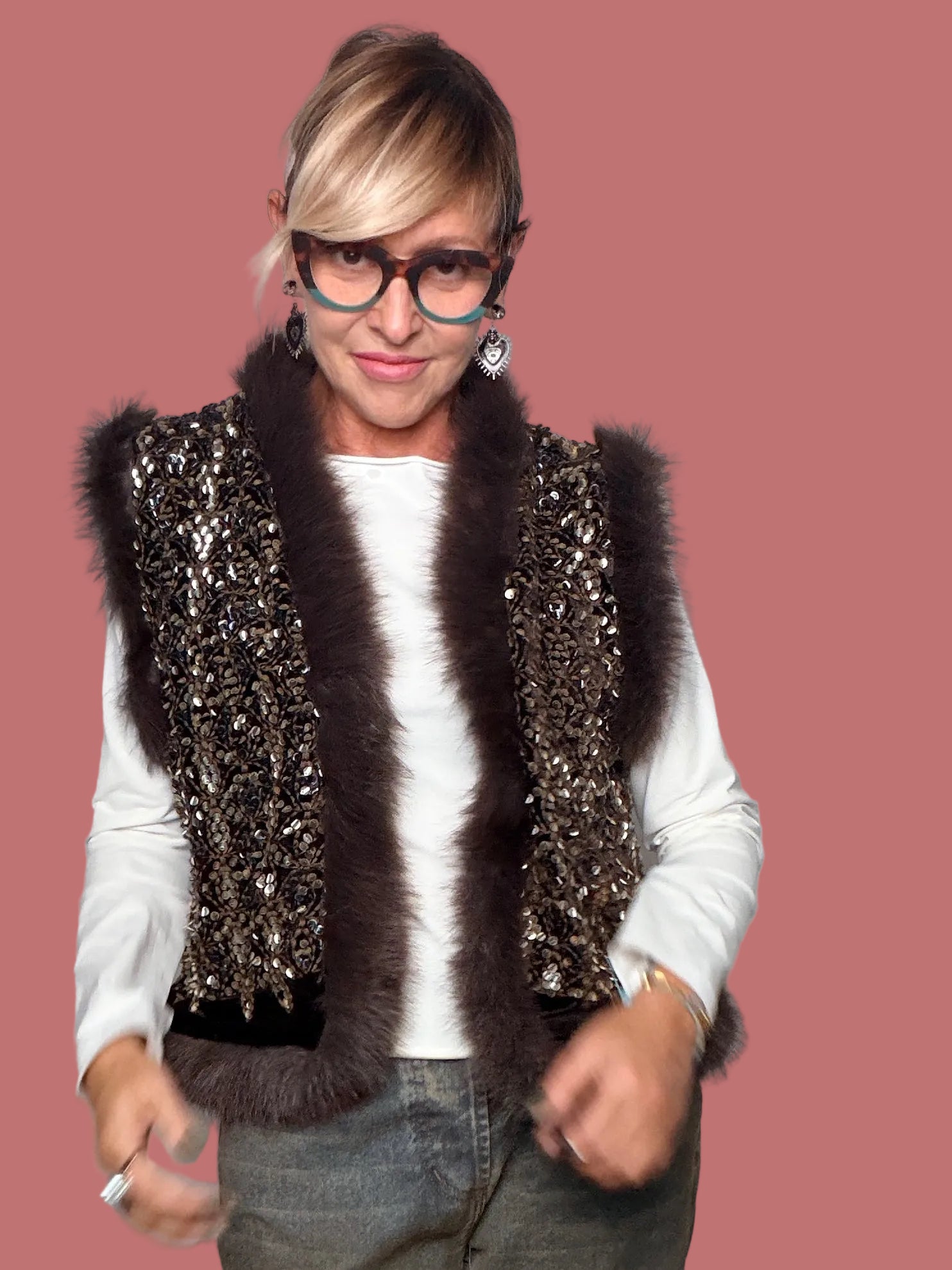 Gilet Souvenir con dettagli luminosi e bordi effetto pelliccia