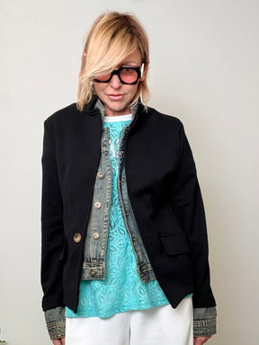 Giacca Blazer Bianca con Inserti Denim e Gilet Interno