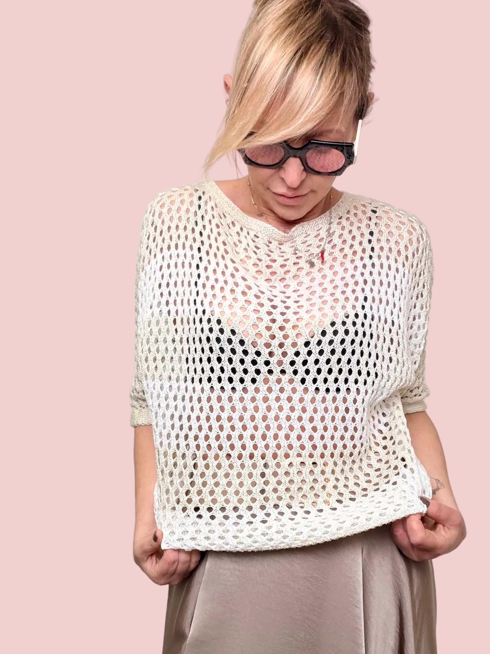 Maglia Traforata a Rete Panna