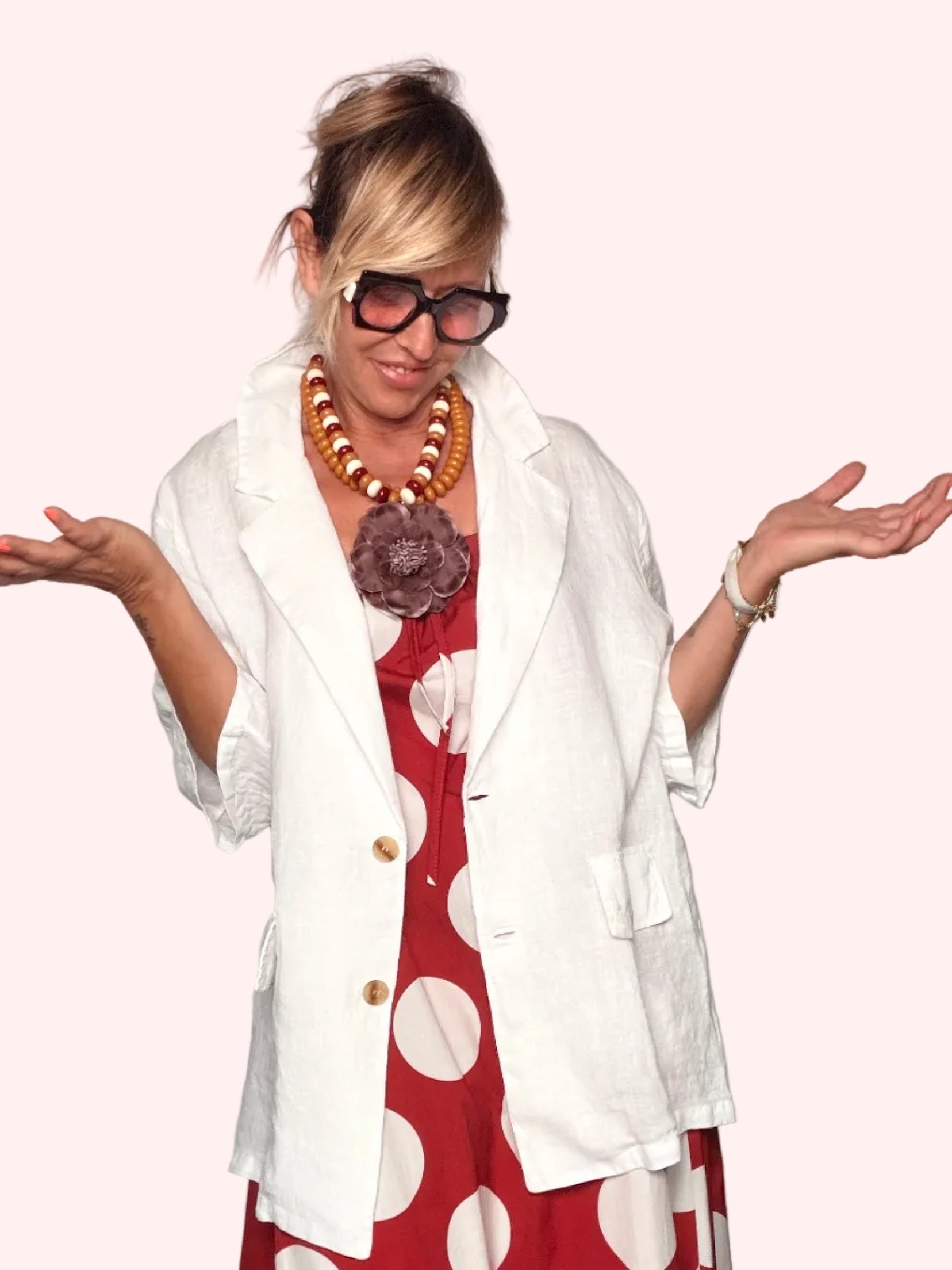 Giacca Blazer Lino Oversize — Rossa / Bianca