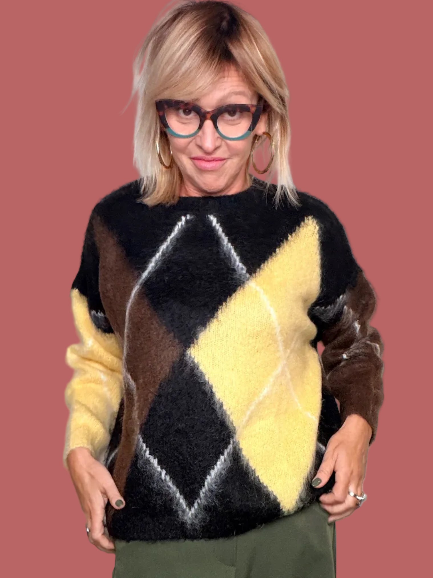 Maglia girocollo con maxi rombi multicolor