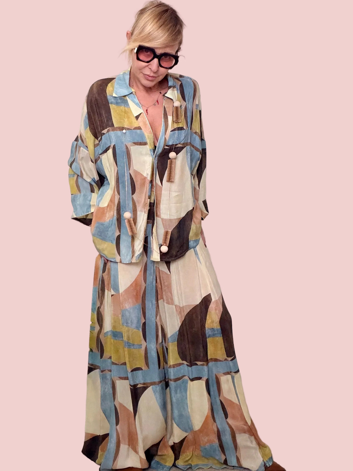 Pantalone palazzo stampa geometrica multicolor balze