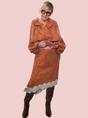 Gonna midi cupro inserto pizzo arancione