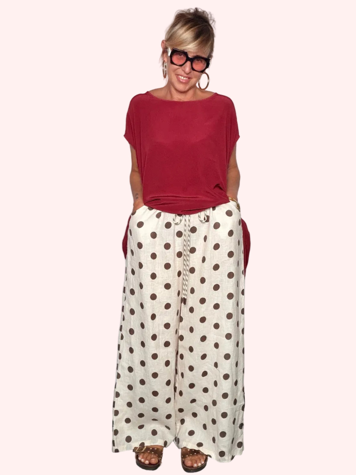 Pantalone Wide Leg a Pois in Lino — Vita Elastica con Cordoncino