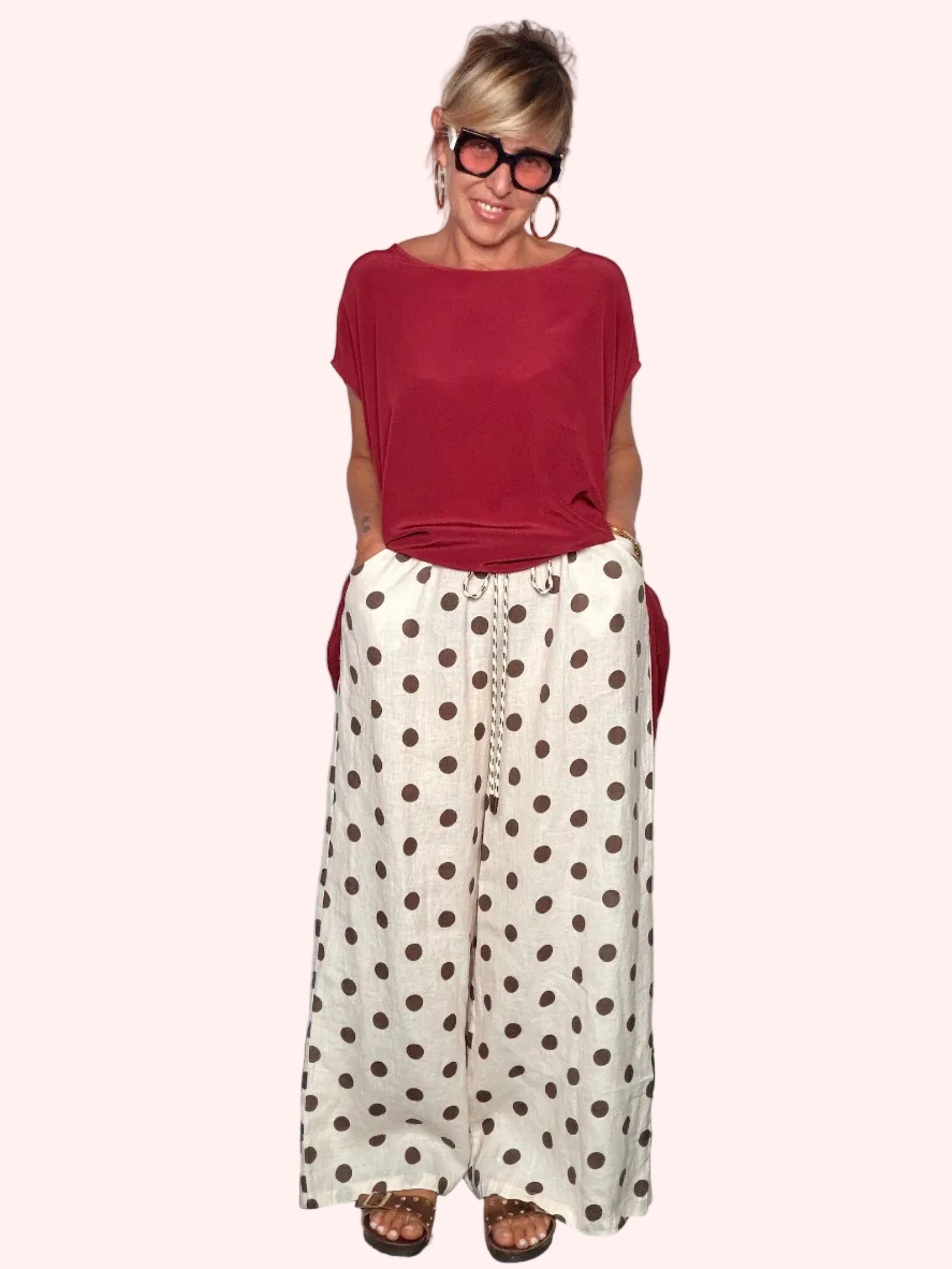 Pantalone Wide Leg a Pois in Lino — Vita Elastica con Cordoncino