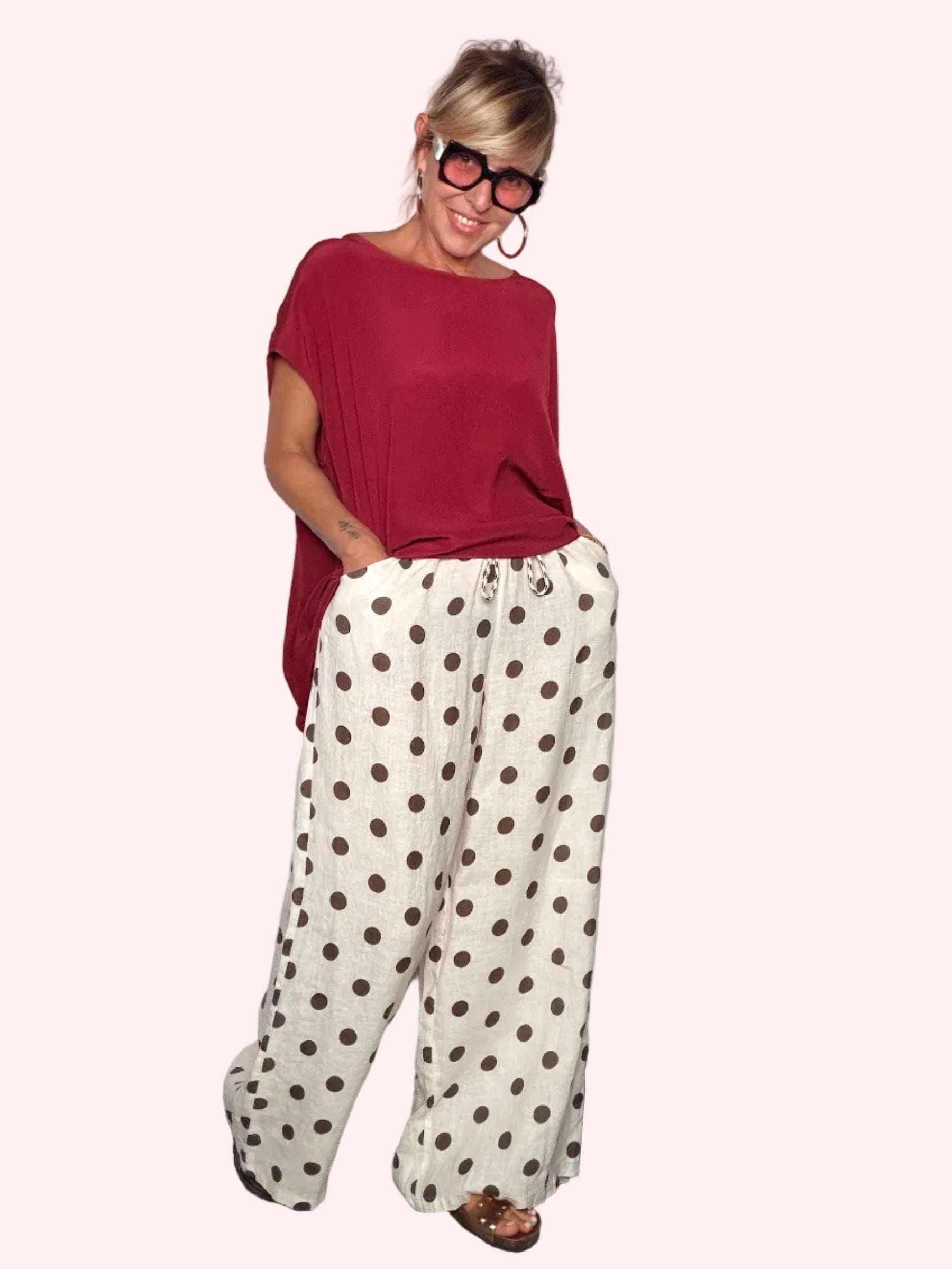Pantalone Wide Leg a Pois in Lino — Vita Elastica con Cordoncino