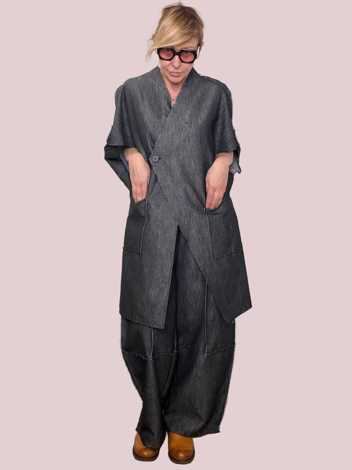 Giacca lunga lyocell lino cuciture contrasto