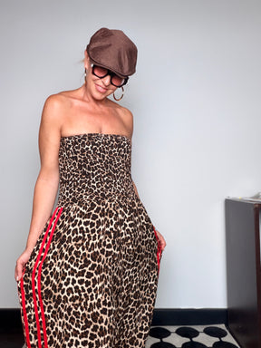 Tuta Oversize Strapless Animalier con Banda Rossa