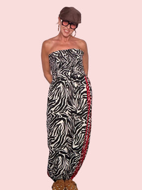 Tuta Oversize Strapless Animalier con Banda Rossa