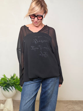 Blusa Bianca Trasparente con Canotta Scritte Filosofiche