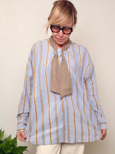 Camicia oversize righe azzurre beige fiocco collo