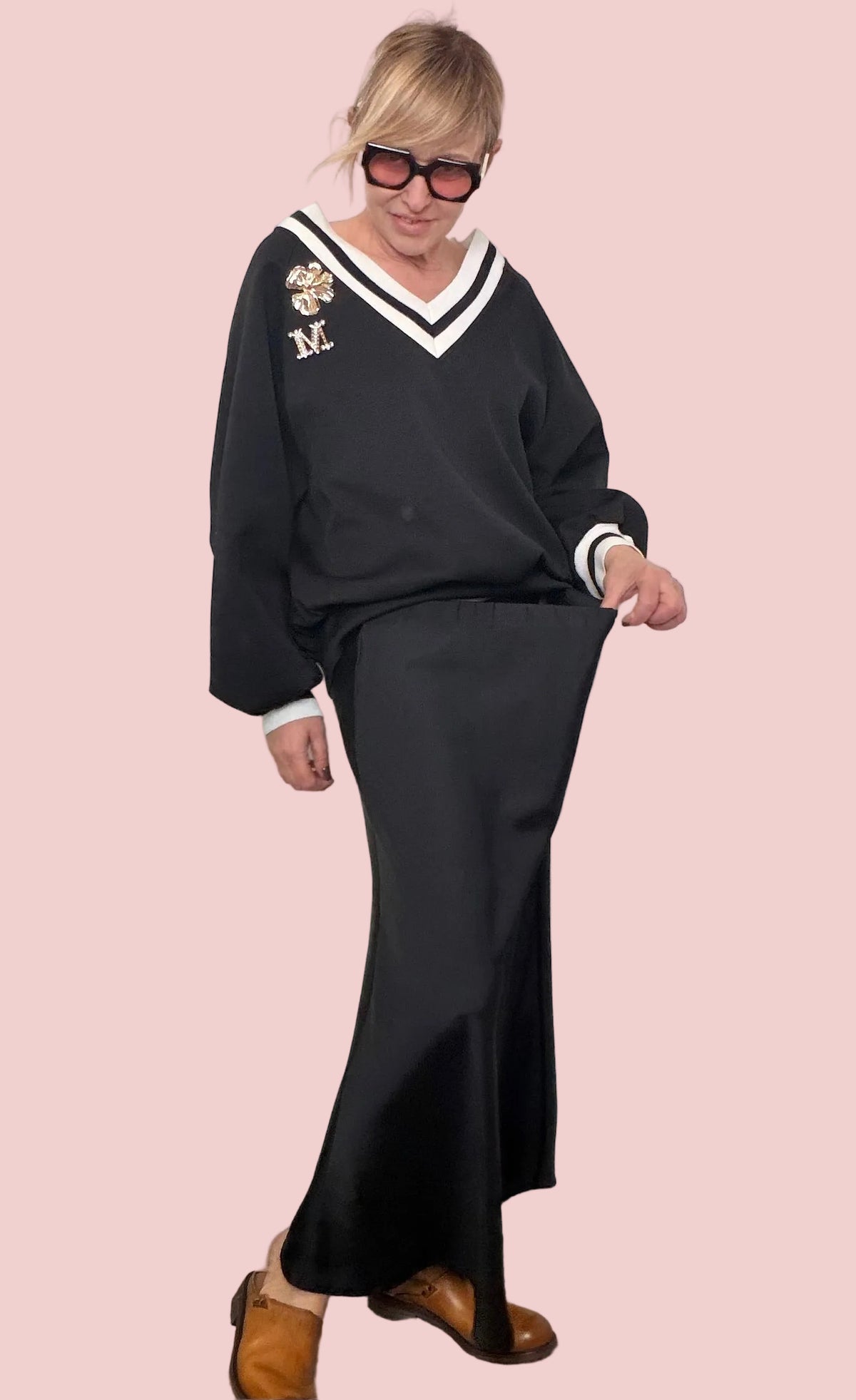 Gonna nera oversize lunga vita alta elastico