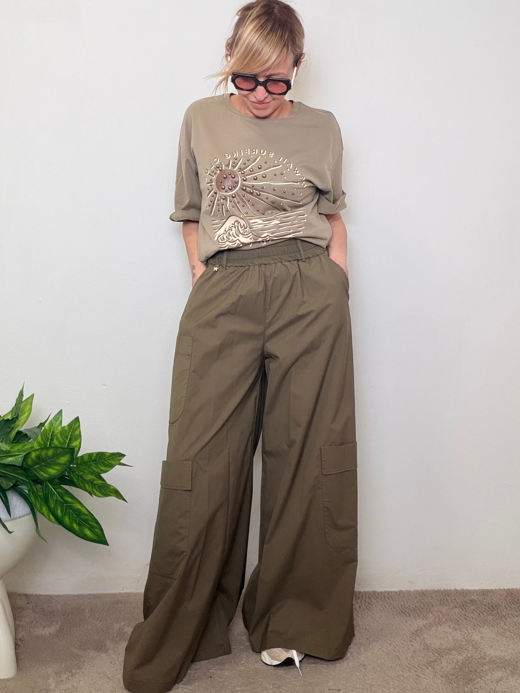 Pantalone cargo palazzo verde militare tasche laterali