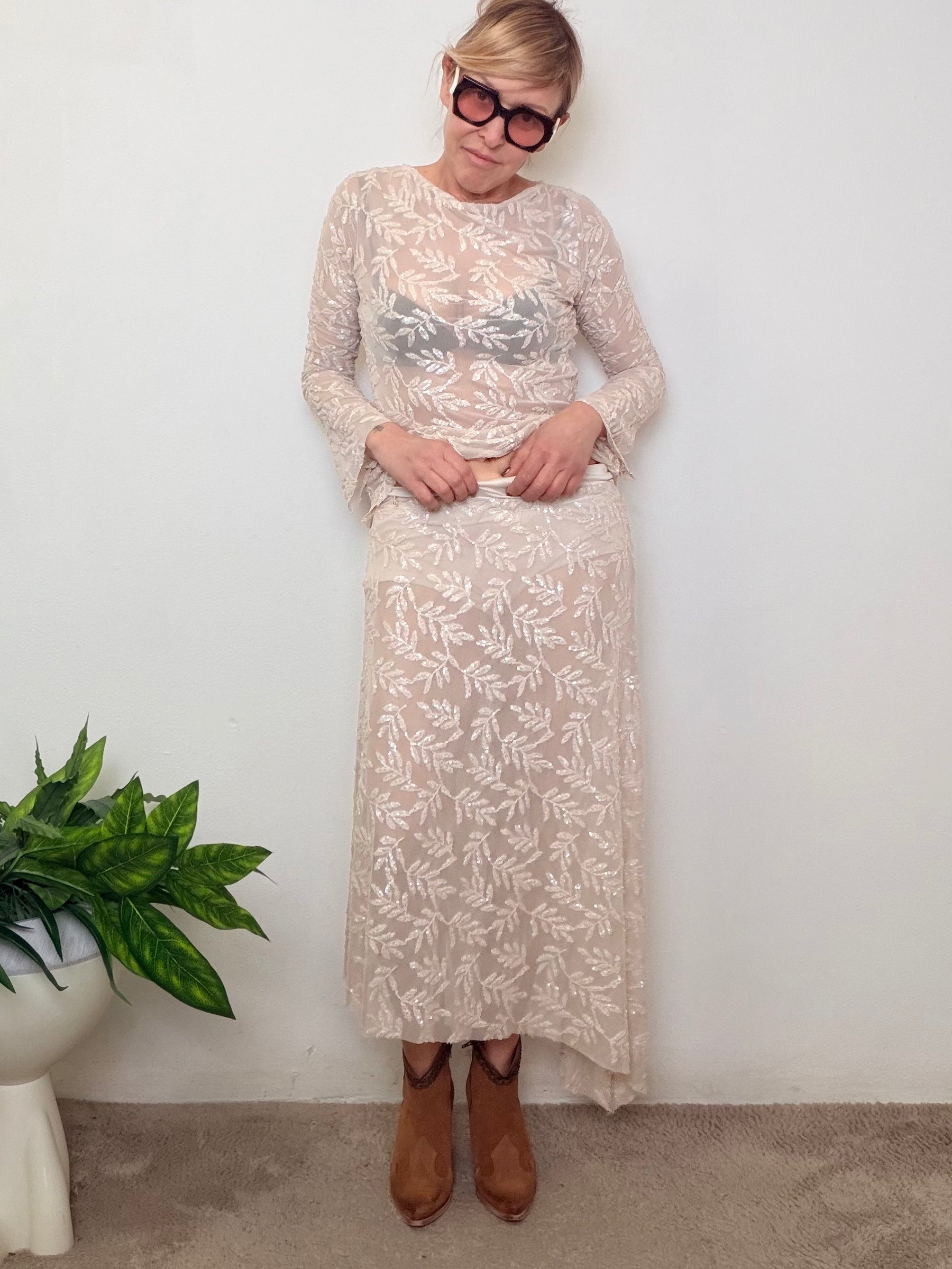 Gonna midi tulle ricami argentati paillettes