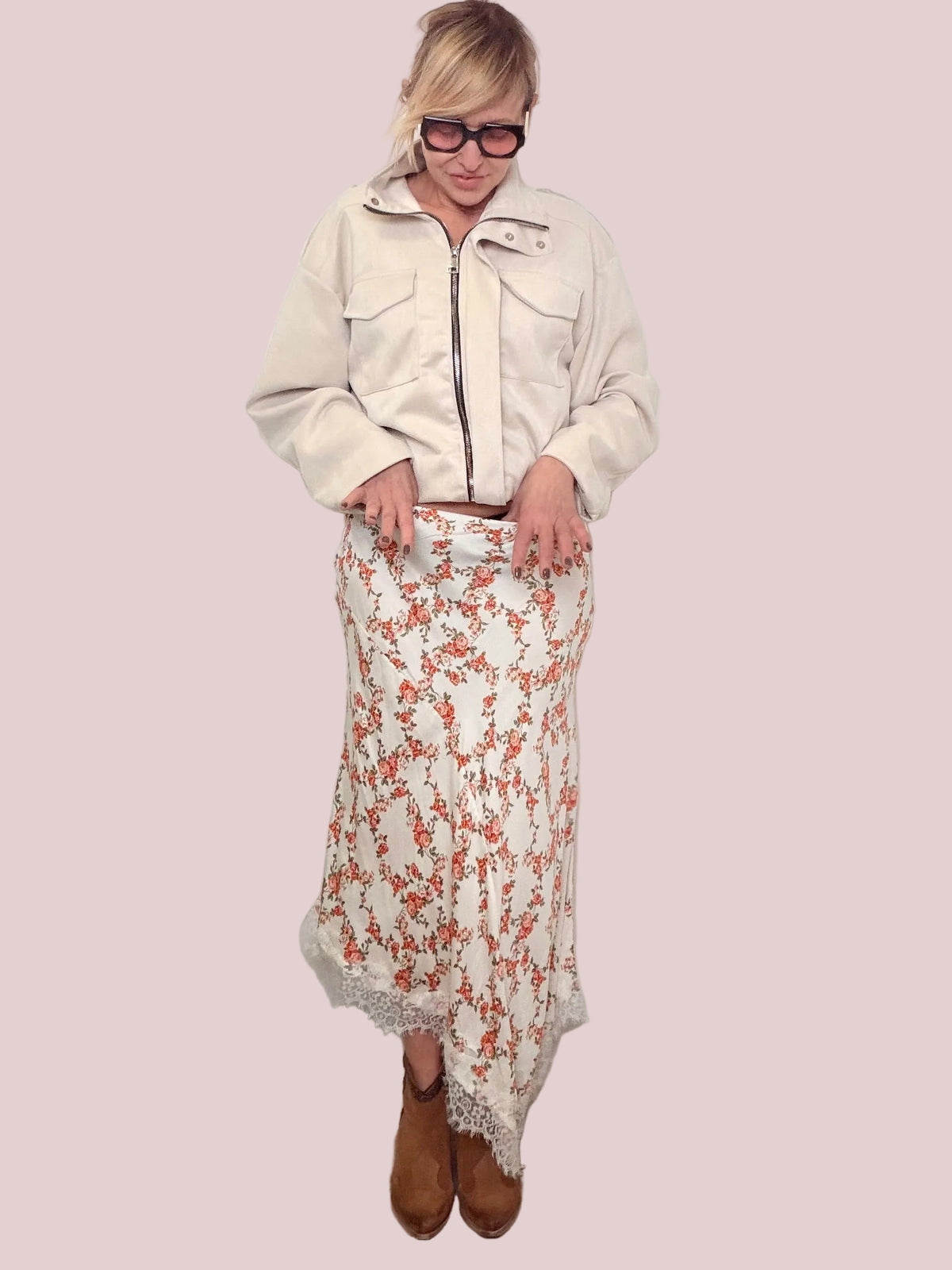 Gonna midi stampa floreale pizzo asimmetrico panna corallo