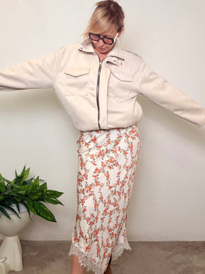 Gonna midi stampa floreale pizzo asimmetrico panna corallo