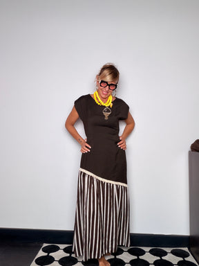 Abito Maxi Bicolore a Righe con Inserto in crochet
